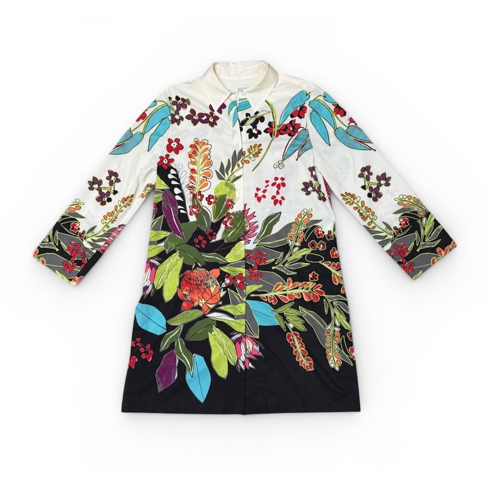 Chico's‎ Travelers Tropical Floral Tunic Button Up Blouse Vacation Travel Beach